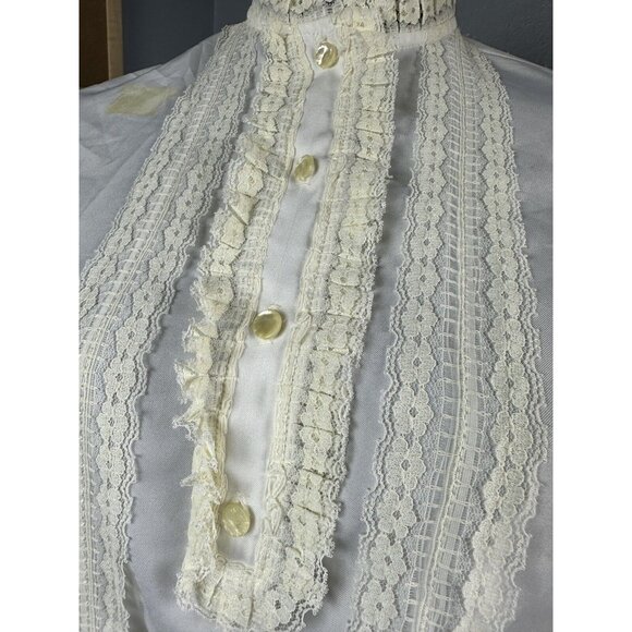 Vtg Lady Holiday Secretary Blouse w Lace Fitted Long Sleeves Ivory 36x24.5” - Picture 5 of 16